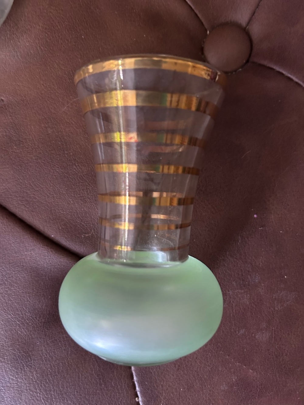 Vintage MCM Libbey Green Frosted Glass Bud Vase with Gold Accent Stripes